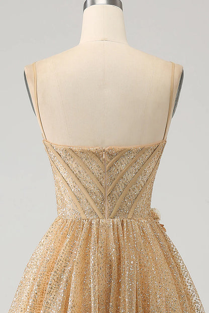 Amzcw Glitter Golden A-Line Spaghetti Straps Corset Long Prom Dress with Flowers prom dresses shops