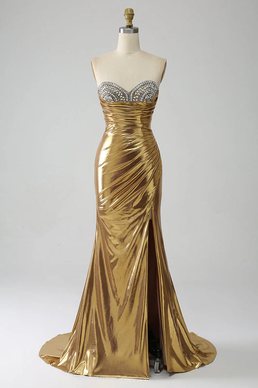 Amzcw Golden Mermaid Sweetheart Strapless Long Beaded Prom Dress with Slit