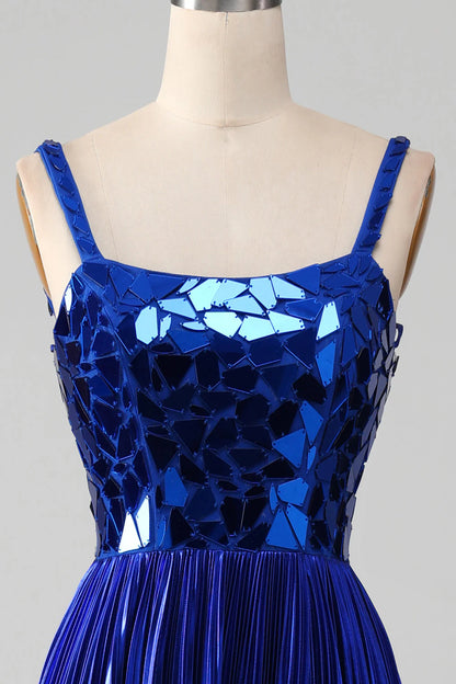 Amzcw Sparkly Royal Blue A-Line Lace-Up Back Pleated Prom Dress with Slit prom clothing