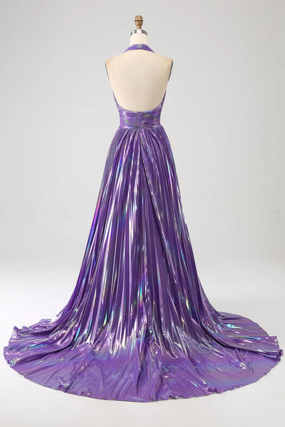 Amzcw Glitter Purple Pleated Metallic Long Prom Dress with Slit prom dresses shops