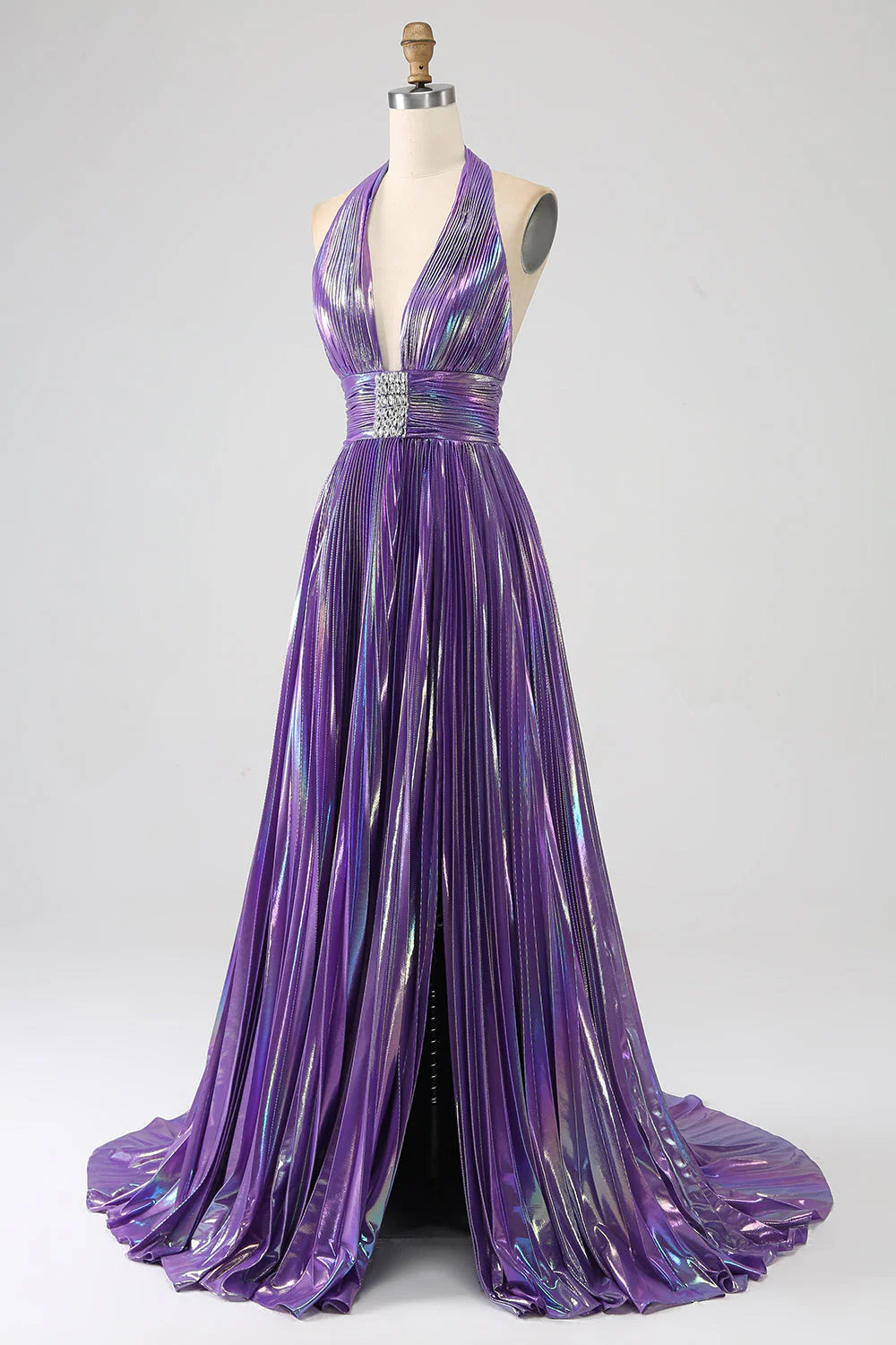 Amzcw Glitter Purple Pleated Metallic Long Prom Dress with Slit prom dresses shops