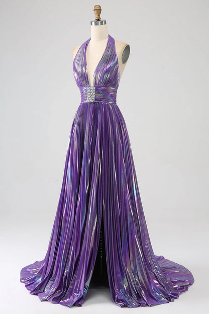 Amzcw Glitter Purple Pleated Metallic Long Prom Dress with Slit prom dresses shops