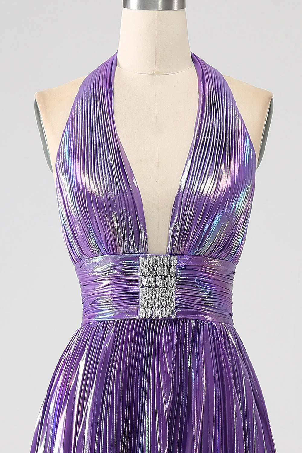Amzcw Glitter Purple Pleated Metallic Long Prom Dress with Slit prom dresses shops