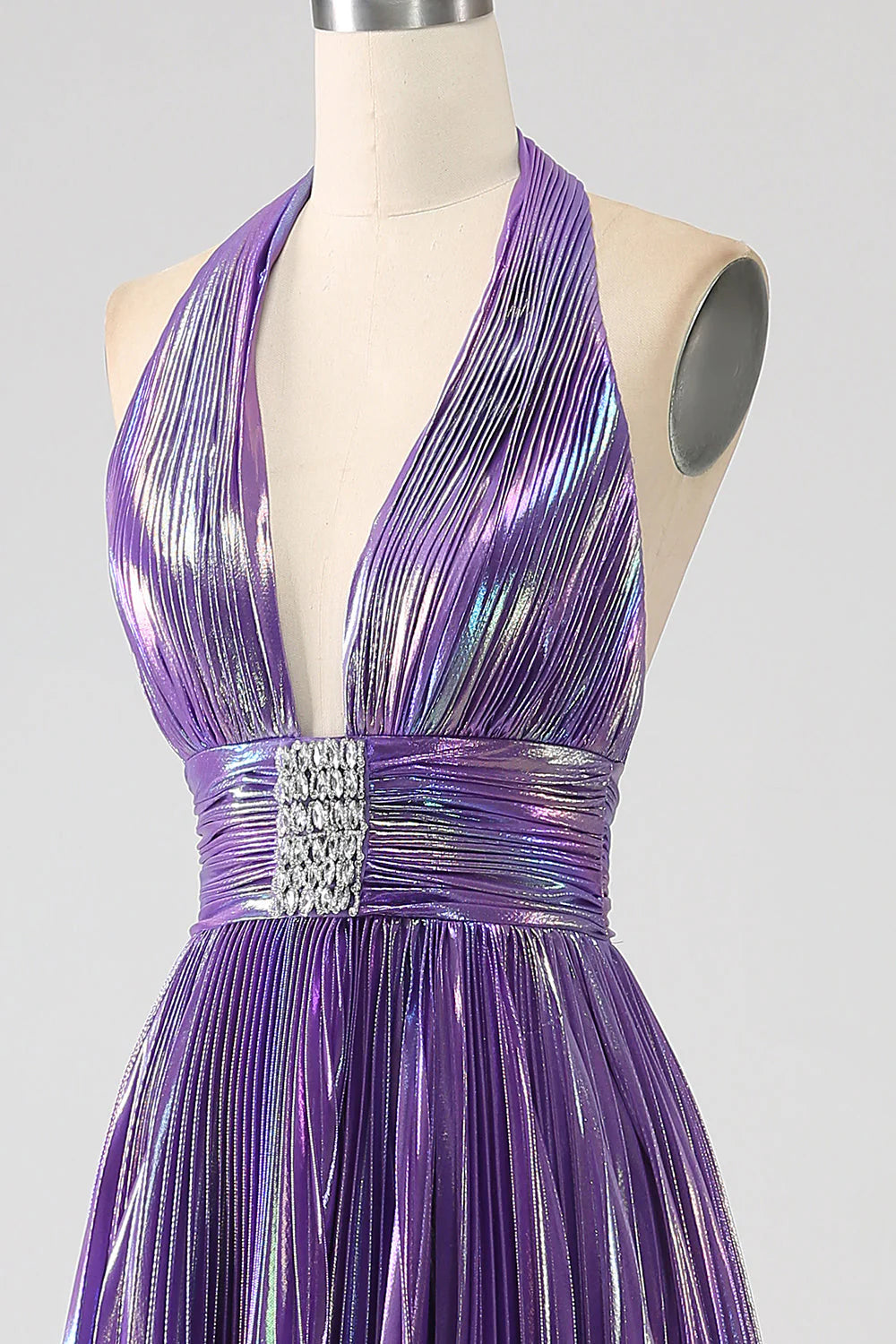Amzcw Glitter Purple Pleated Metallic Long Prom Dress with Slit prom dresses shops