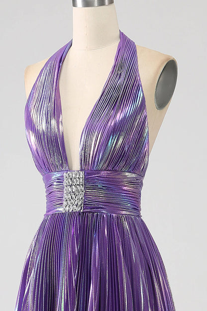 Amzcw Glitter Purple Pleated Metallic Long Prom Dress with Slit prom dresses shops