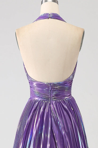 Amzcw Glitter Purple Pleated Metallic Long Prom Dress with Slit prom dresses shops