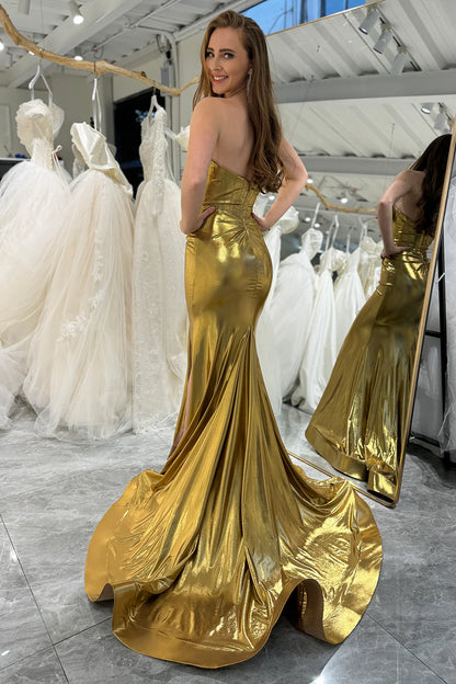 Amzcw Golden Mermaid Sweetheart Sparkly Long Prom Dress With Slit prom clothing