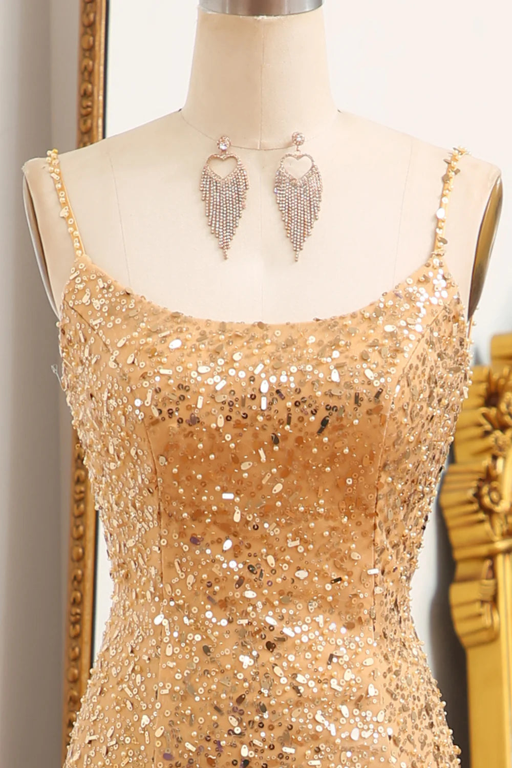 Amzcw Golden Mermaid Spaghetti Straps Sparkly Sequin Prom Dress With Slit prom clothing