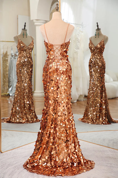 Amzcw Sparkly Rose Golden Mermaid Floor-Length Mirror Prom Dress With Slit