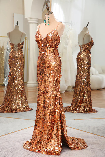 Amzcw Sparkly Rose Golden Mermaid Floor-Length Mirror Prom Dress With Slit