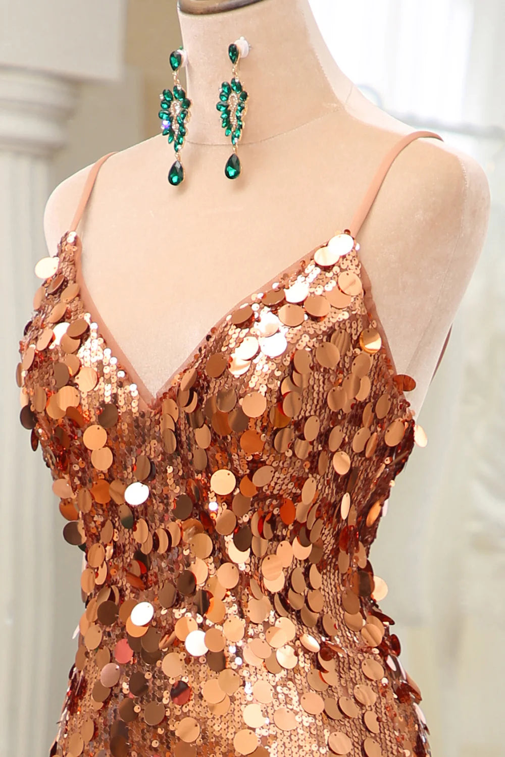 Amzcw Sparkly Rose Golden Mermaid Floor-Length Mirror Prom Dress With Slit