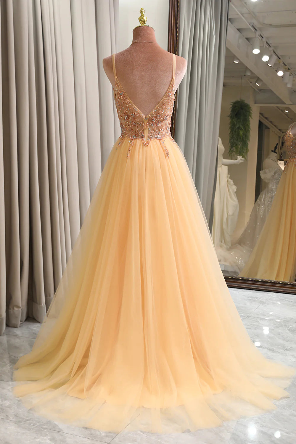 Amzcw Charming A Line Spaghetti Straps Golden Long Prom Dress with Beading prom dresses with long sleeves