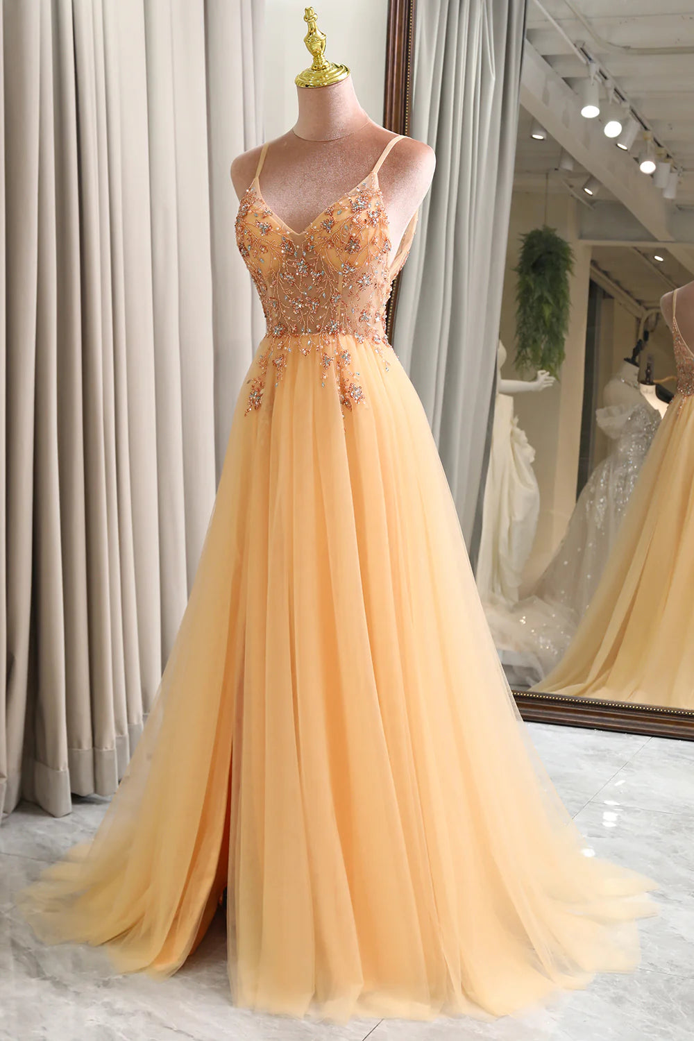 Amzcw Charming A Line Spaghetti Straps Golden Long Prom Dress with Beading prom dresses with long sleeves