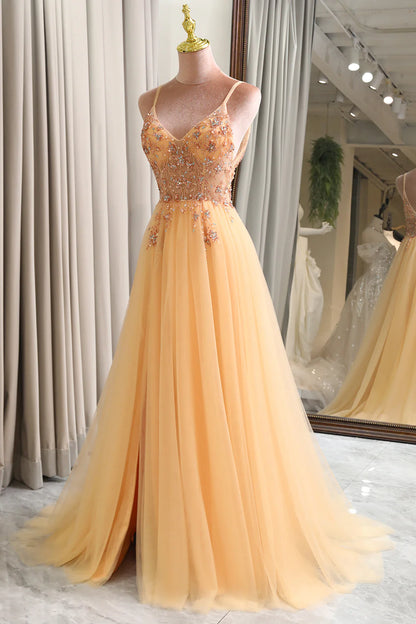 Amzcw Charming A Line Spaghetti Straps Golden Long Prom Dress with Beading prom dresses with long sleeves