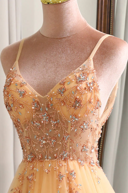 Amzcw Charming A Line Spaghetti Straps Golden Long Prom Dress with Beading prom dresses with long sleeves