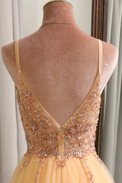 Amzcw Charming A Line Spaghetti Straps Golden Long Prom Dress with Beading prom dresses with long sleeves