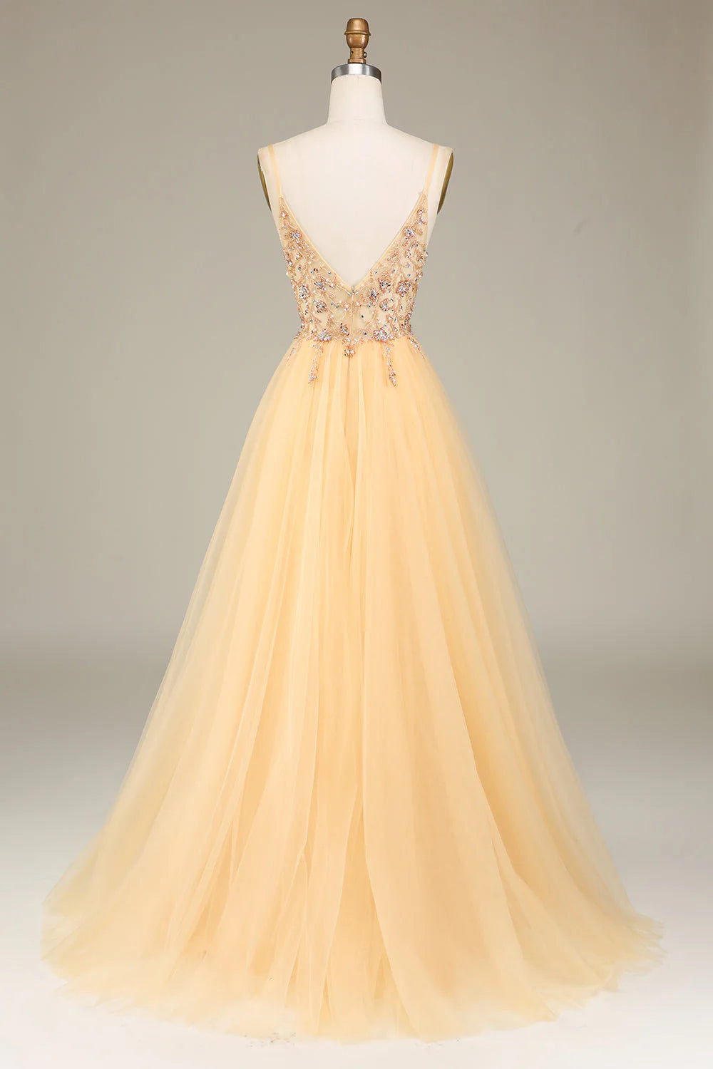 Amzcw Charming Golden A Line Spaghetti Straps Long Prom Dress with Beading prom dresses with long sleeves