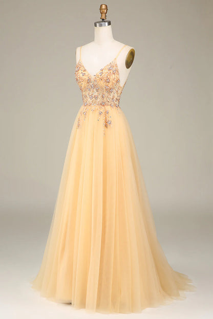 Amzcw Charming Golden A Line Spaghetti Straps Long Prom Dress with Beading prom dresses with long sleeves