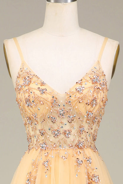 Amzcw Charming Golden A Line Spaghetti Straps Long Prom Dress with Beading prom dresses with long sleeves