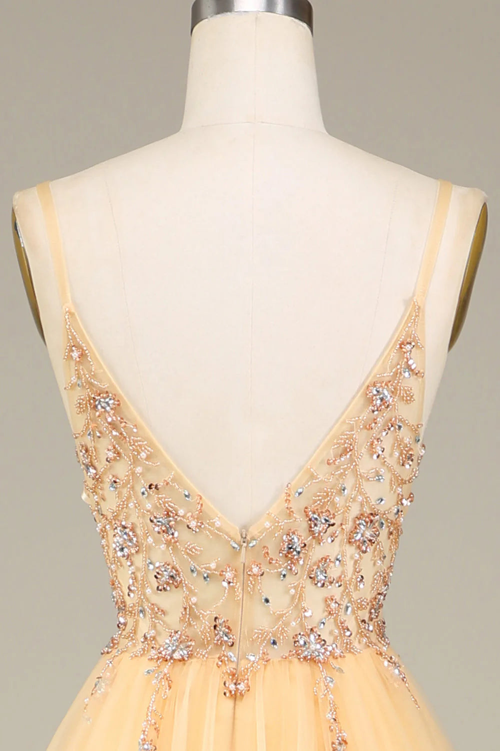 Amzcw Charming Golden A Line Spaghetti Straps Long Prom Dress with Beading prom dresses with long sleeves