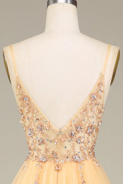 Amzcw Charming Golden A Line Spaghetti Straps Long Prom Dress with Beading prom dresses with long sleeves