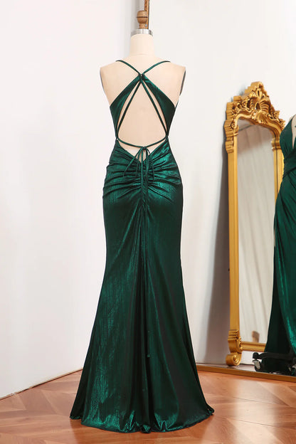 Amzcw Mermaid Spaghetti Straps Long Dark Green Prom Dress with Open Back