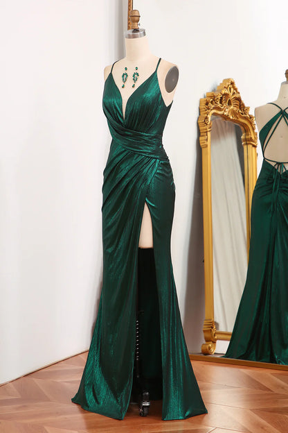Amzcw Mermaid Spaghetti Straps Long Dark Green Prom Dress with Open Back
