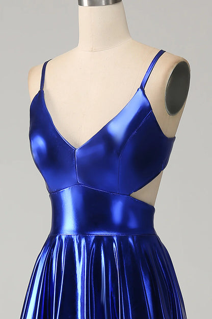 Amzcw Sparkly A-Line Spaghetti Straps Backless Ruched Metallic Prom Dress With Slit prom dresses shops