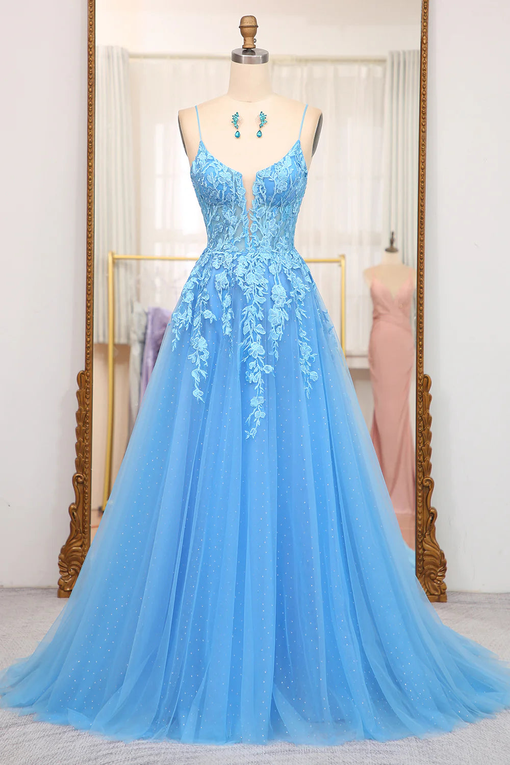 Amzcw A-Line Spaghetti Straps Tulle Long Blue Prom Dress With Appliques prom clothing