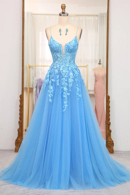 Amzcw A-Line Spaghetti Straps Tulle Long Blue Prom Dress With Appliques prom clothing