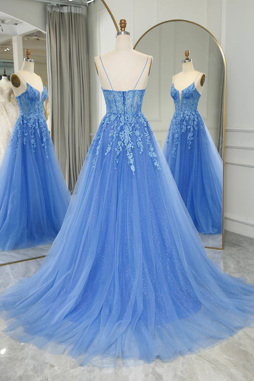 Amzcw Blue A-Line Spaghetti Straps Tulle Long Prom Dress With Appliques prom clothing