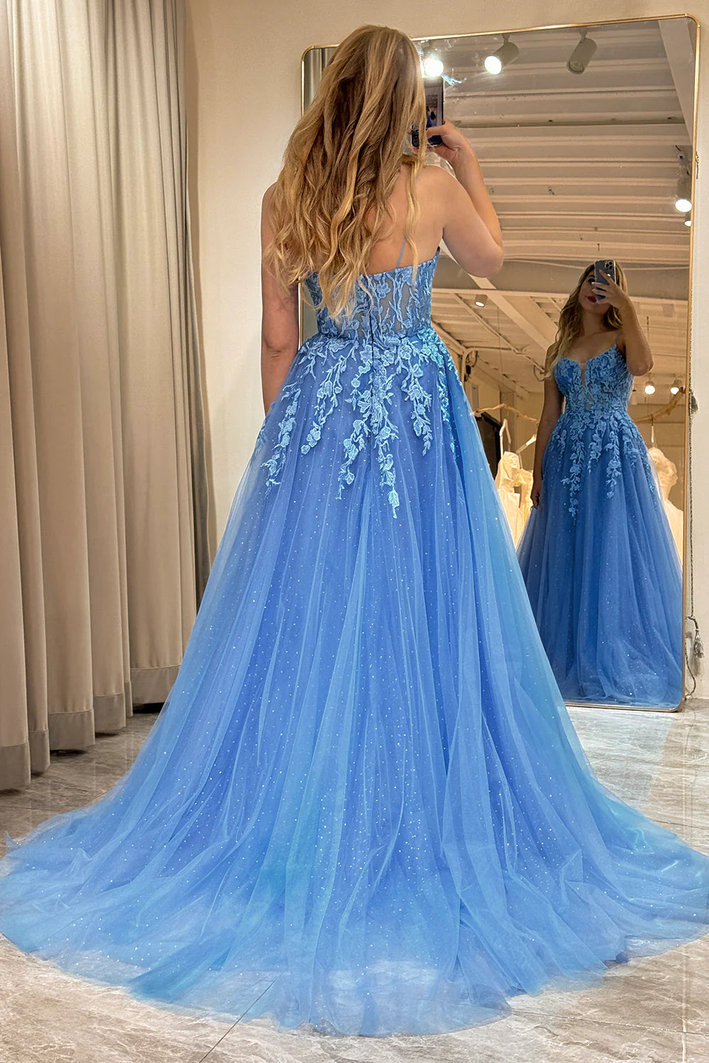 Amzcw A-Line Spaghetti Straps Tulle Long Blue Prom Dress With Appliques prom clothing