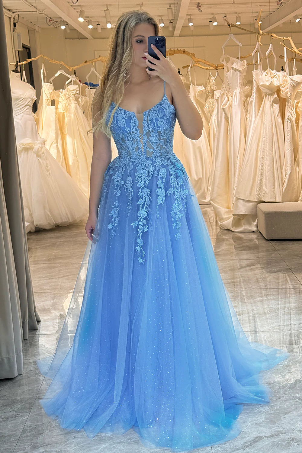 Amzcw A-Line Spaghetti Straps Tulle Long Blue Prom Dress With Appliques prom clothing