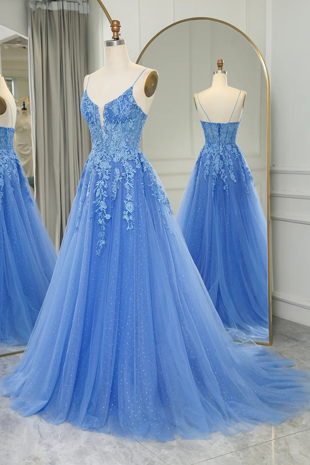 Amzcw Blue A-Line Spaghetti Straps Tulle Long Prom Dress With Appliques prom clothing