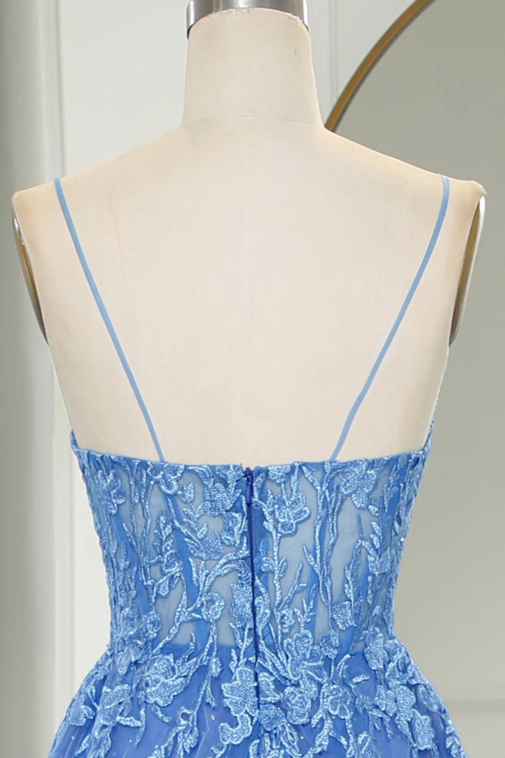 Amzcw Blue A-Line Spaghetti Straps Tulle Long Prom Dress With Appliques prom clothing