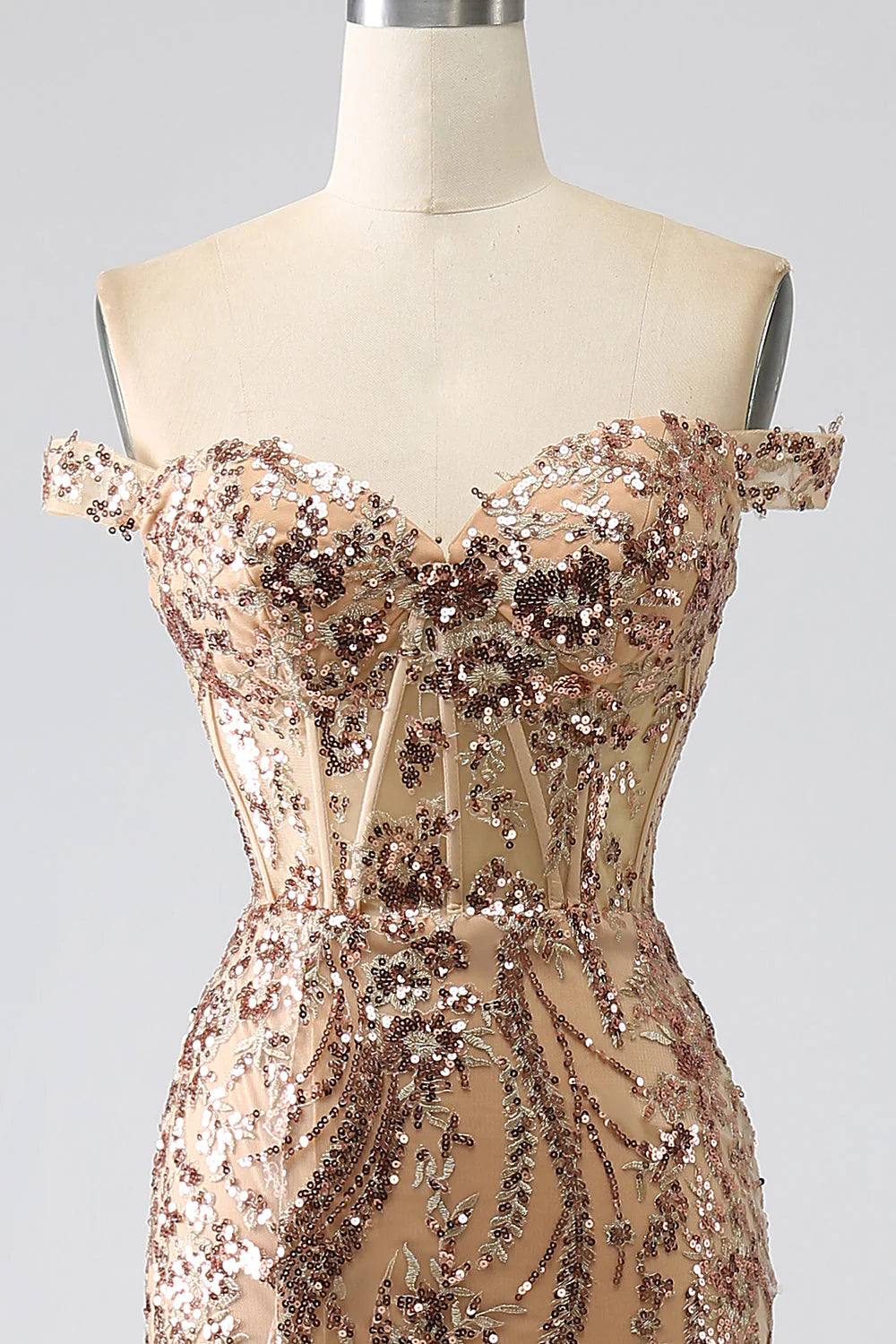 Amzcw Sparkly Champagne Mermaid Off The Shoulder Corset Prom Dress with Slit