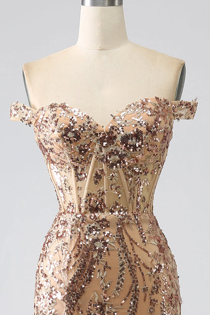 Amzcw Sparkly Champagne Mermaid Off The Shoulder Corset Prom Dress with Slit