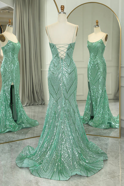 Amzcw Sparkly Green Mermaid Spaghetti Straps Long Prom Dress With Slit