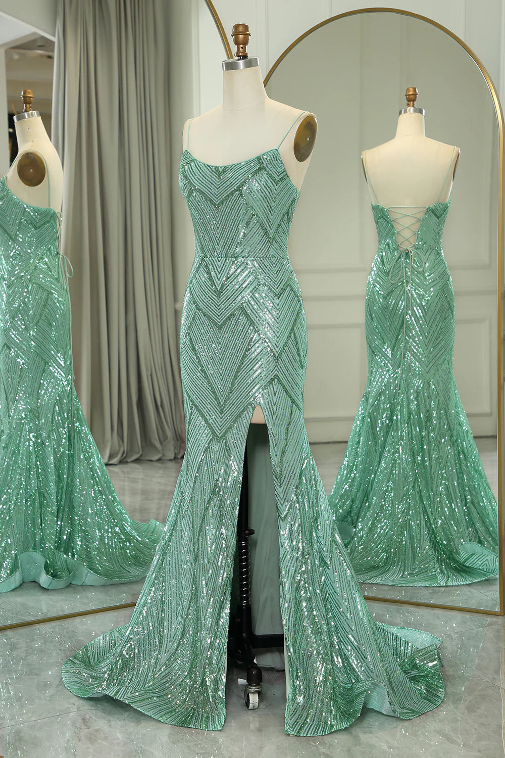 Amzcw Sparkly Green Mermaid Spaghetti Straps Long Prom Dress With Slit