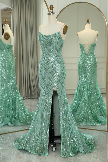 Amzcw Sparkly Green Mermaid Spaghetti Straps Long Prom Dress With Slit