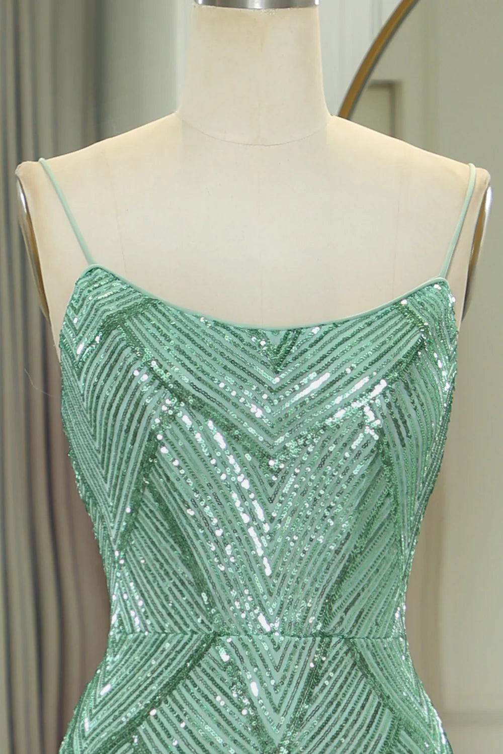 Amzcw Sparkly Green Mermaid Spaghetti Straps Long Prom Dress With Slit