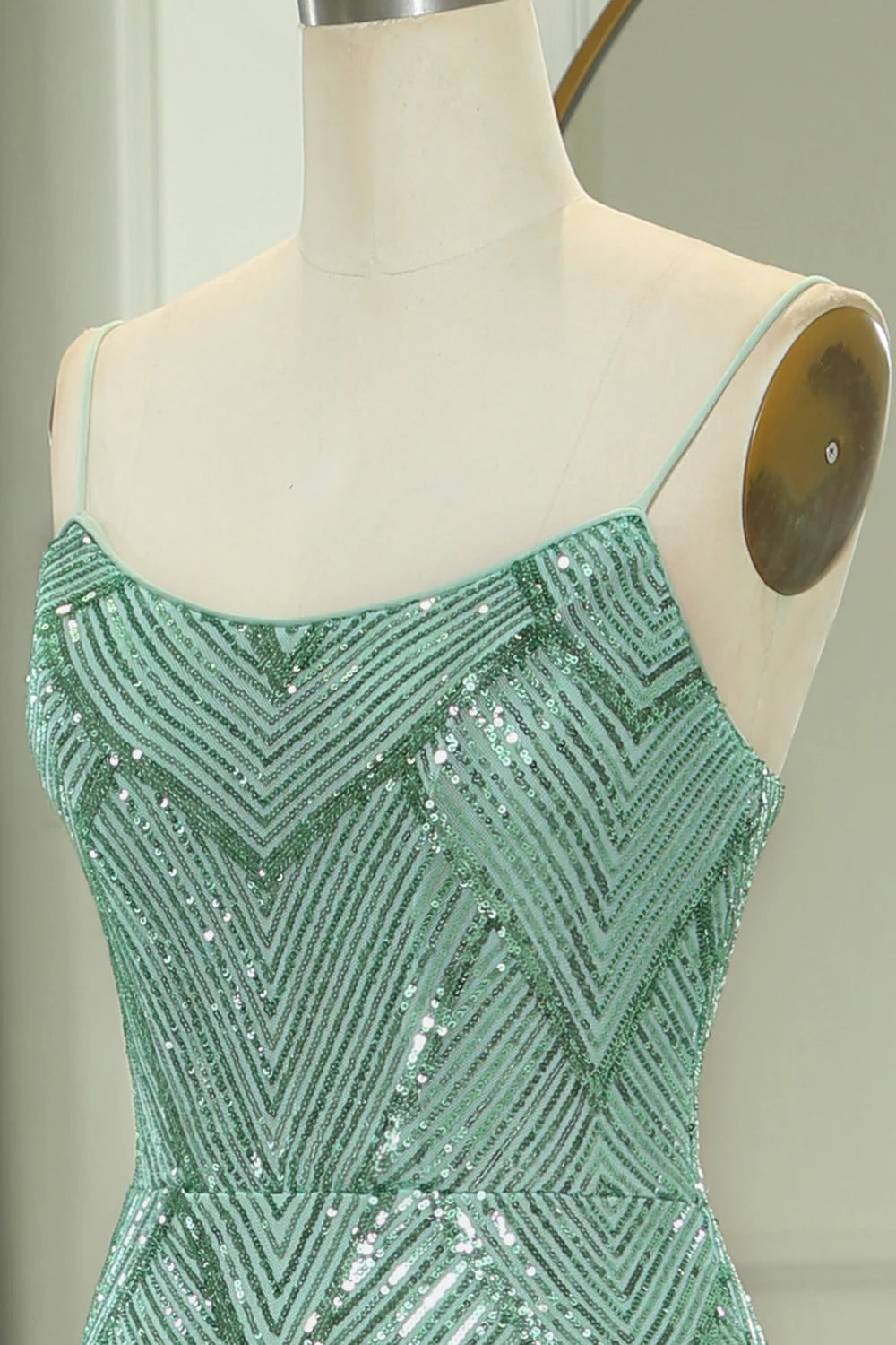 Amzcw Sparkly Green Mermaid Spaghetti Straps Long Prom Dress With Slit