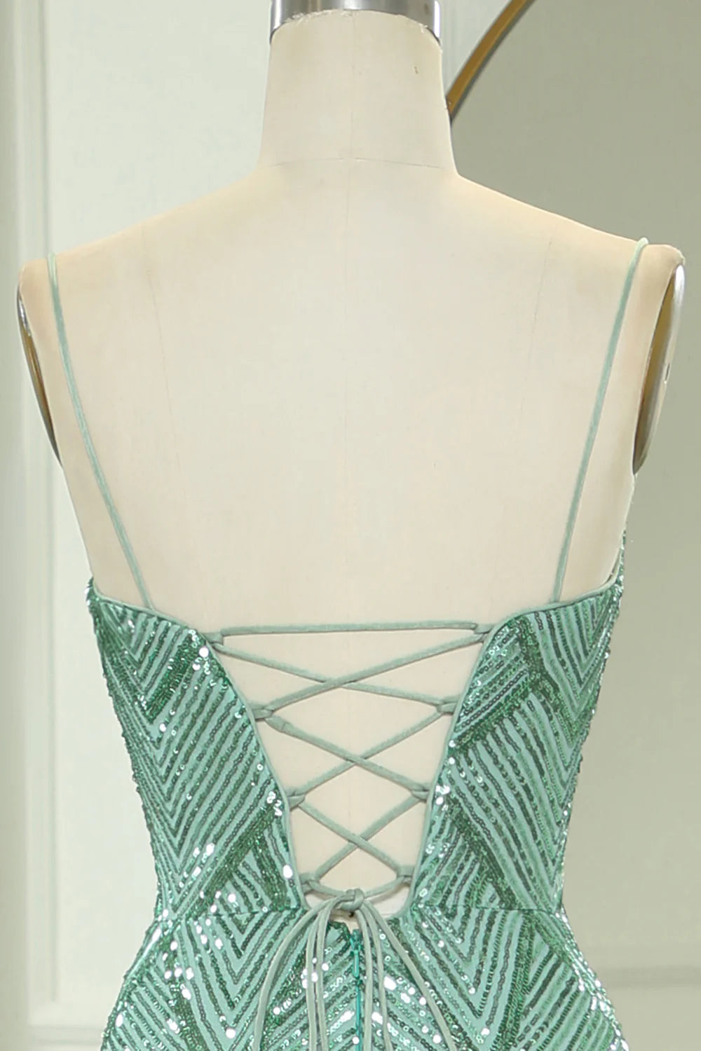 Amzcw Sparkly Green Mermaid Spaghetti Straps Long Prom Dress With Slit