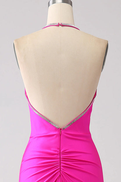 Amzcw Fuchsia Mermaid Halter Backless Long Prom Dress