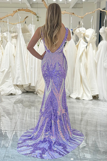 Amzcw Sparkly Purple Mermaid V-Neck Backless Long Prom Dress With Sequins