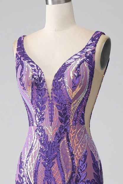 Amzcw Dark Purple Mermaid V Neck Long Sparkly Prom Dress With Sequins