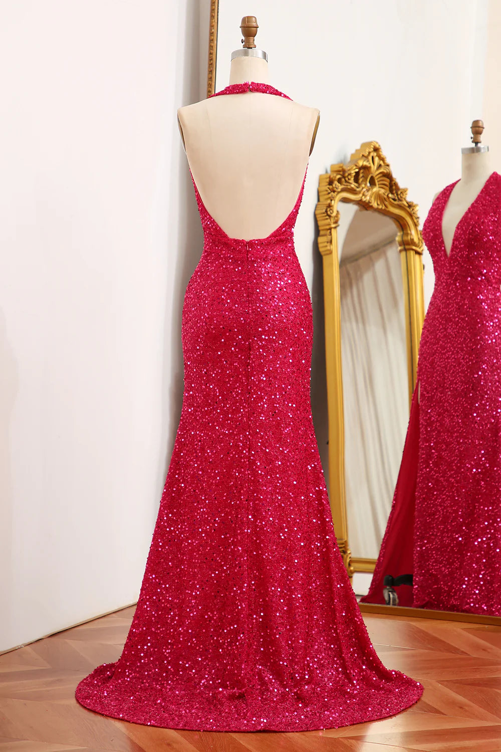 Amzcw Sparkly Fuchsia Mermaid Halter Backless Sequin Prom Dress With Slit prom clothing
