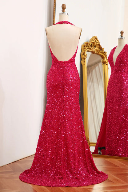 Amzcw Sparkly Fuchsia Mermaid Halter Backless Sequin Prom Dress With Slit prom clothing