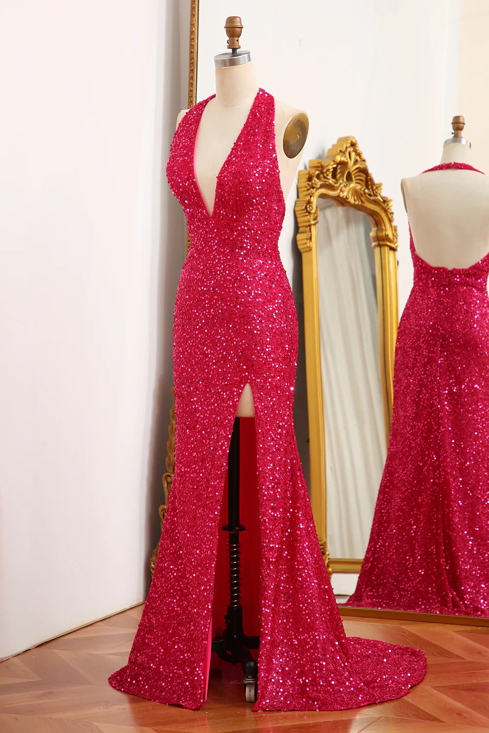 Amzcw Sparkly Fuchsia Mermaid Halter Backless Sequin Prom Dress With Slit prom clothing