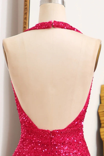 Amzcw Sparkly Fuchsia Mermaid Halter Backless Sequin Prom Dress With Slit prom clothing